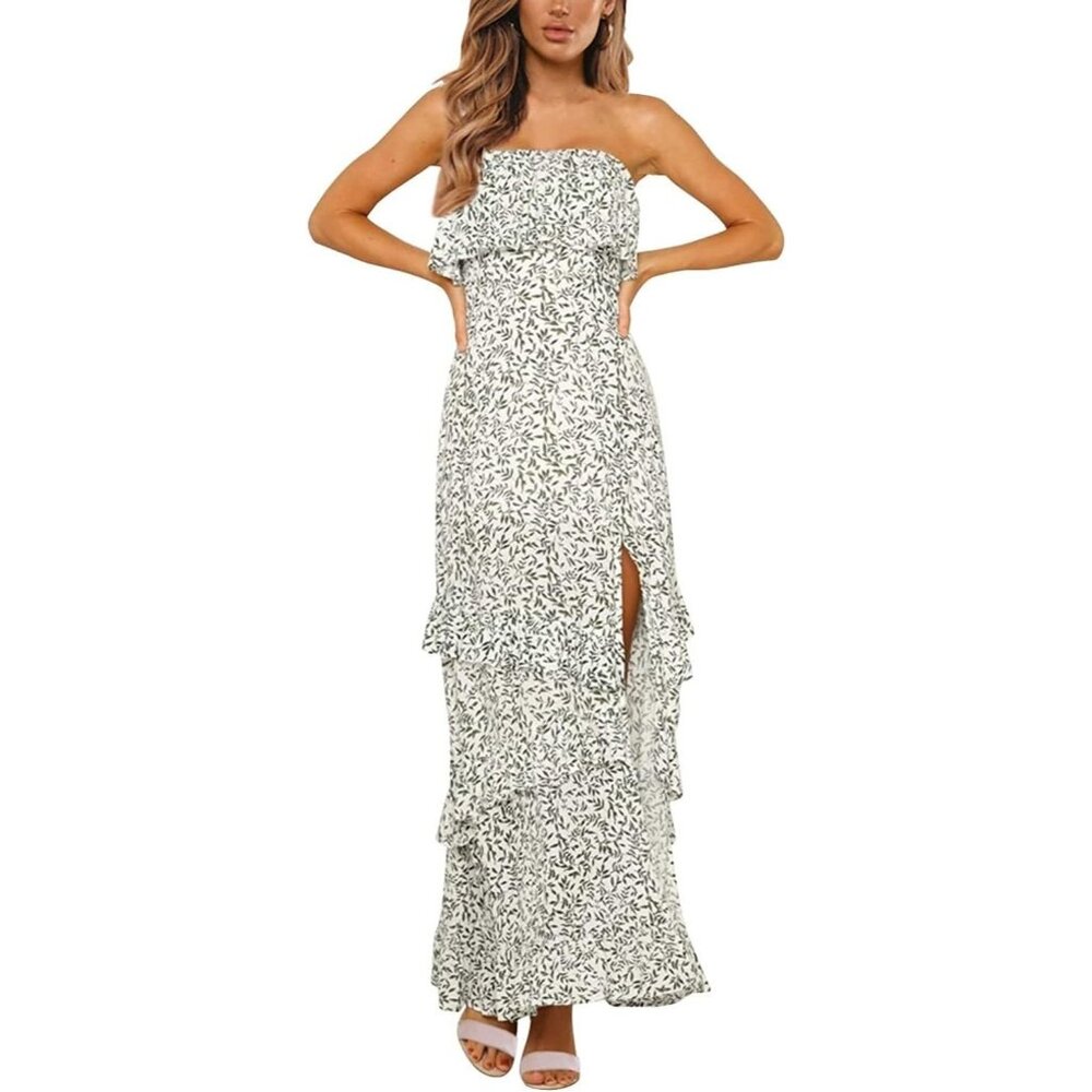 Zattcas Strapless Maxi Dress Size Large Ruffle Side Slit Leaf Print Boho Beach